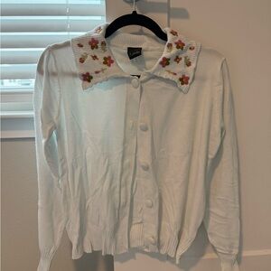 Aaeda Women's White Cardigan with Floral Embroidery